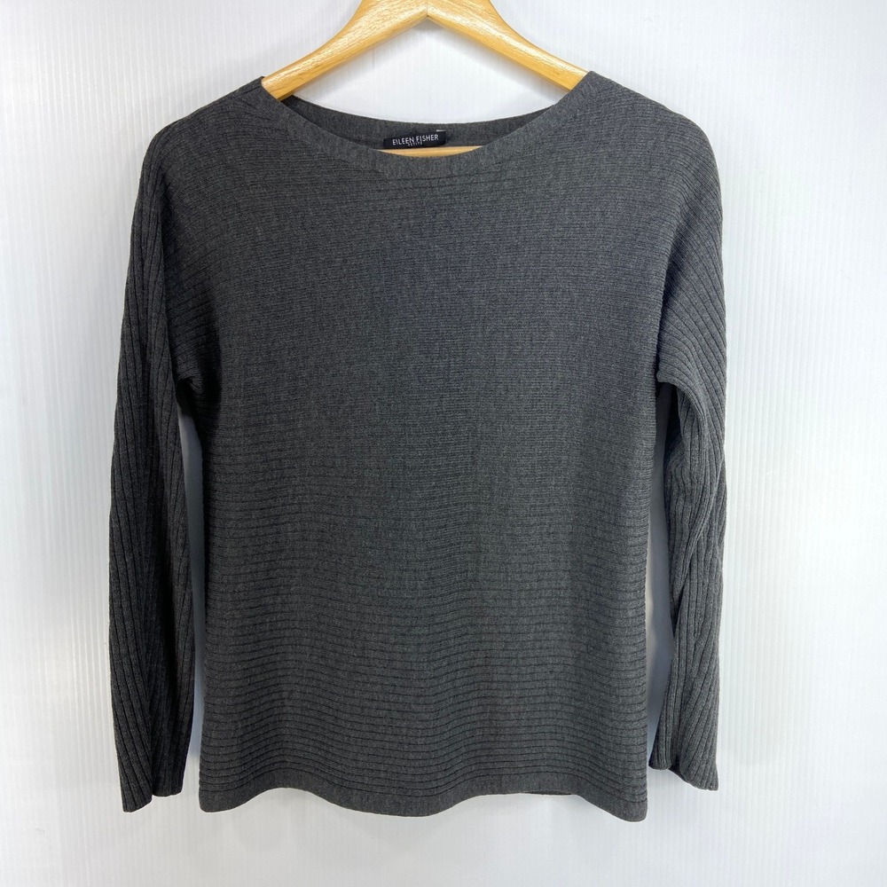 Eileen Fisher Gray Wool Ribbed Long Sleeve Boat Neck Sweater Womens Small Petite